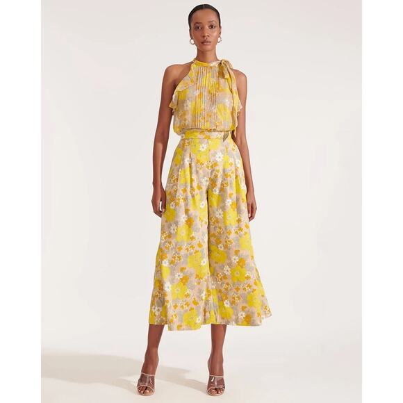Veronica Beard Leonor Yellow Floral Print Wide Leg Cropped Linen Pants Size 6 - Picture 1 of 6